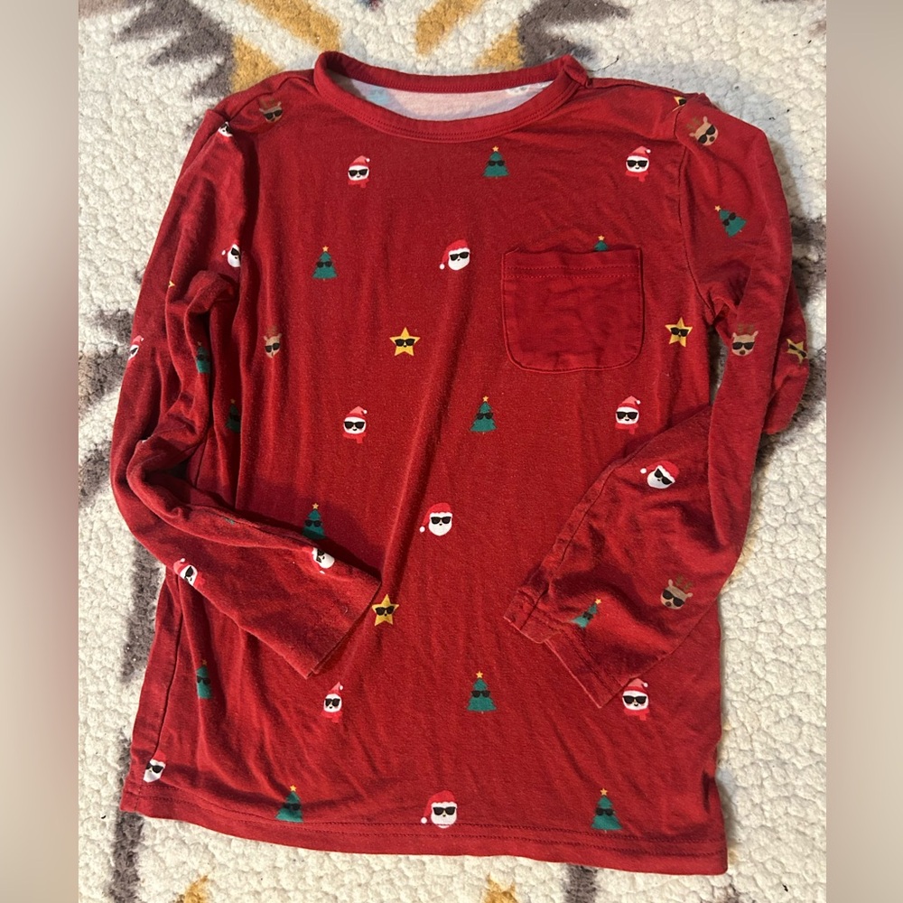 Little Sleepies Red Long Sleeve Holiday Tee with Tiny Santa & Tree Print